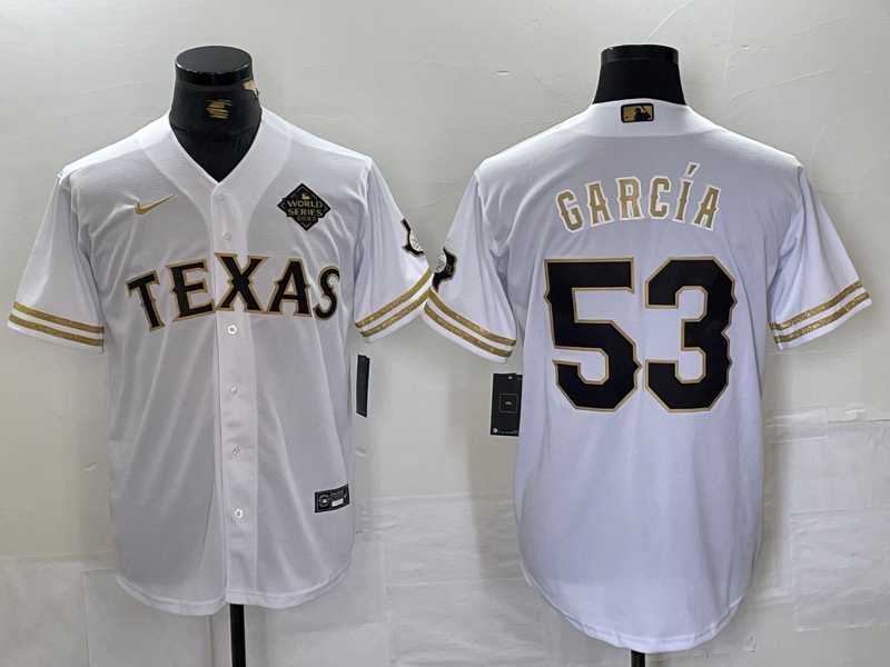 Men%27s Texas Rangers #53 Adolis Garcia White Gold Cool Base Stitched Baseball Jersey->mlb womens jerseys->MLB Jersey